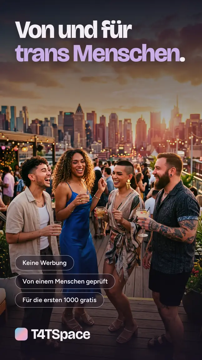 Von und für trans Menschen. Keine Werbung. Von einem Menschen geprüft. Für die ersten 1000 gratis. Vier Menschen lachen zusammen auf einem Dach bei Sonnenuntergang.