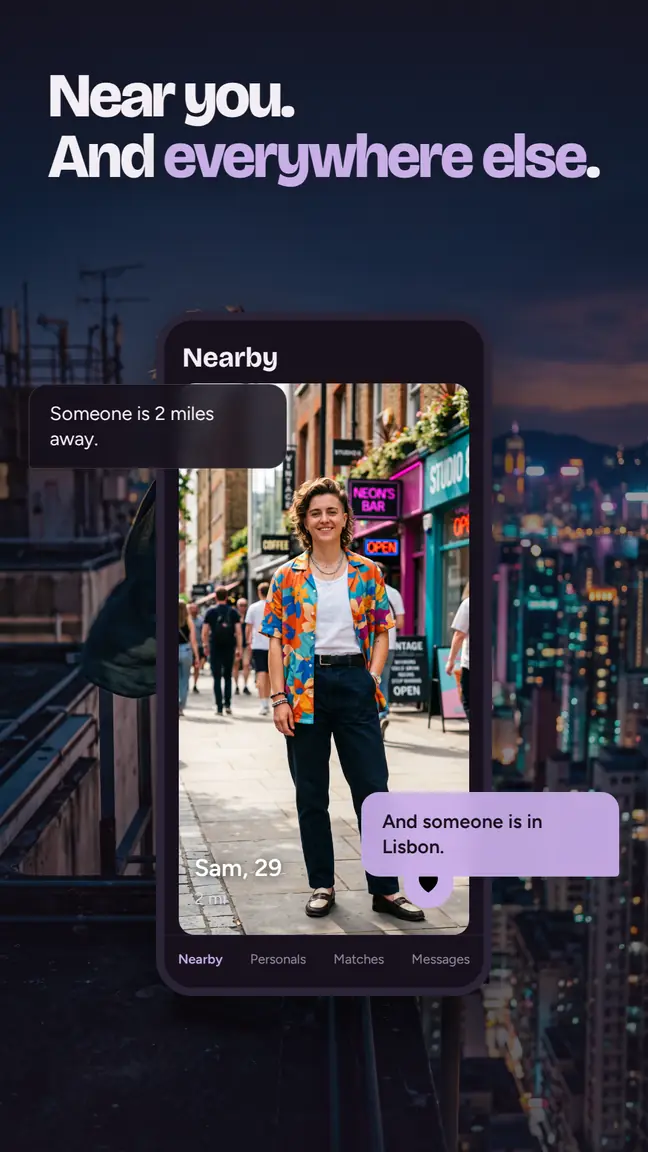 Near you. And everywhere else. Someone is 2 miles away. And someone is in Lisbon. The Nearby screen of the app, shown inside a phone.