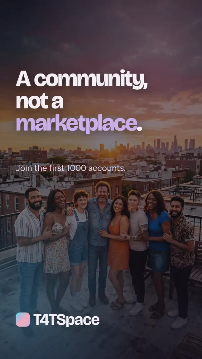 A community, not a marketplace. Join the first 1000 accounts. A group of nine people holding each other on a rooftop at dusk.