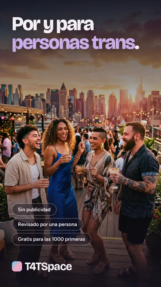 Por y para personas trans. Sin publicidad. Revisado por una persona. Gratis para las 1000 primeras. Cuatro personas ríen juntas en una azotea al atardecer.
