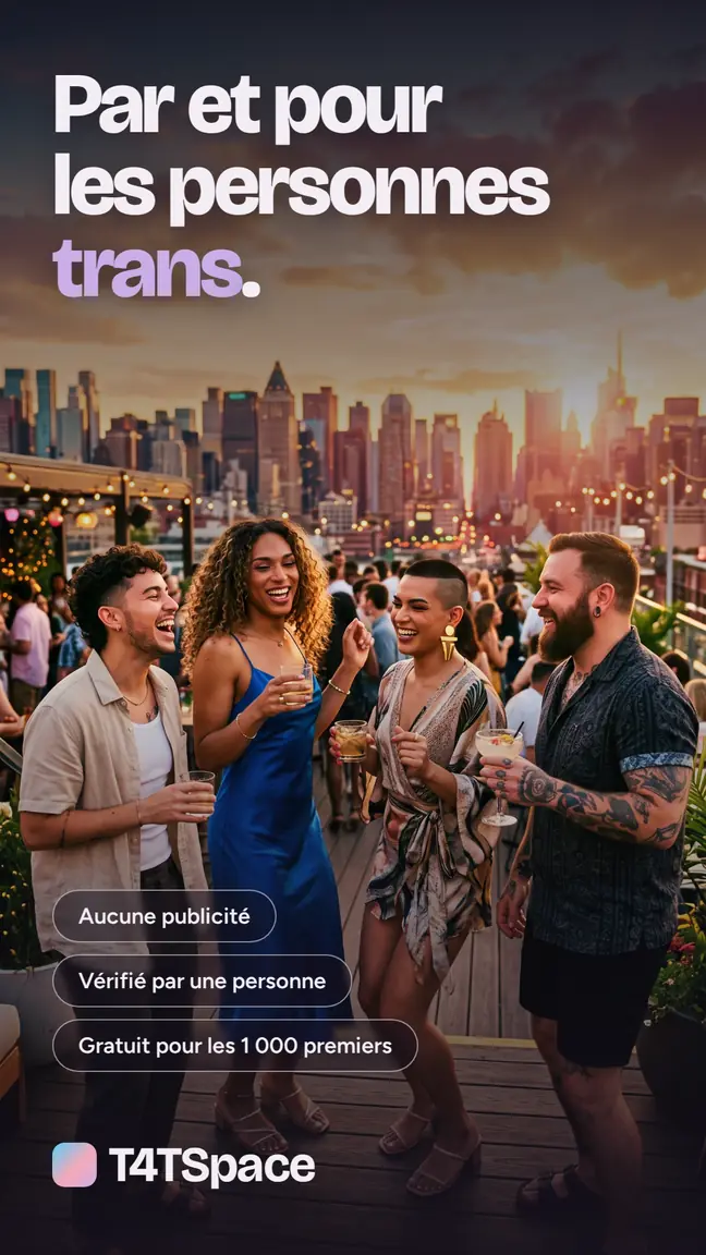 Par et pour les personnes trans. Aucune publicité. Vérifié par une personne. Gratuit pour les 1 000 premiers. Quatre personnes rient ensemble sur un toit, au coucher du soleil.