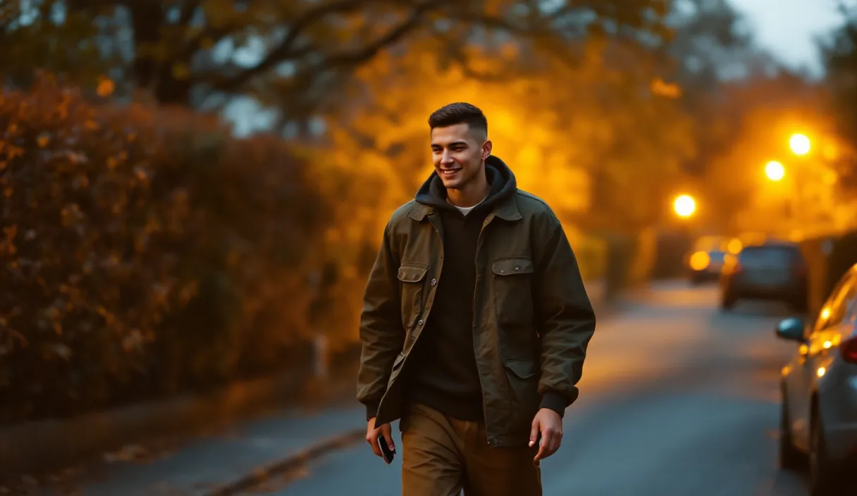Une personne marche dans une rue calme au crépuscule, en souriant à son téléphone sous des arbres d'automne