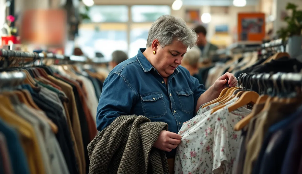 A person browses a rack of secondhand clothes, holding up a floral top in a busy shop