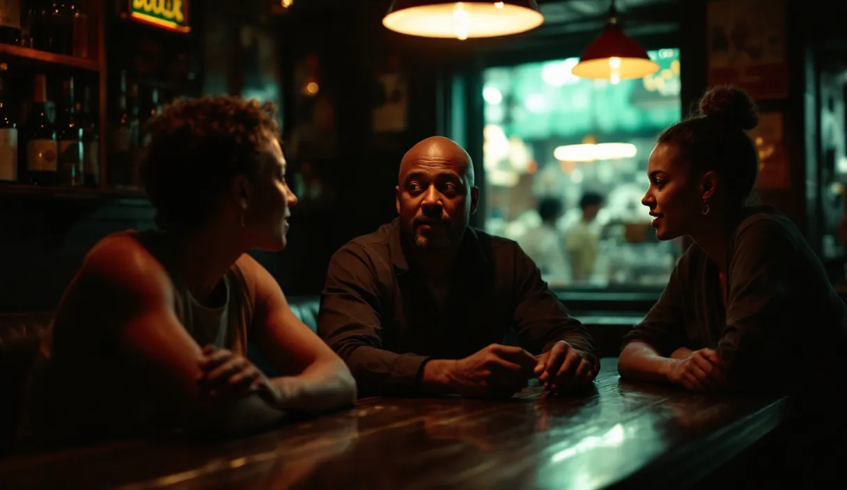Three friends lean in for a quiet conversation at a dimly lit bar table