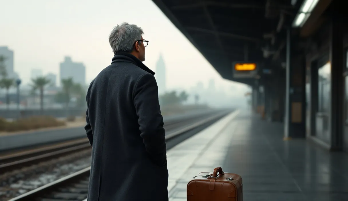 Une personne avec une valise attend sur un quai de gare, regardant une ville dans la brume