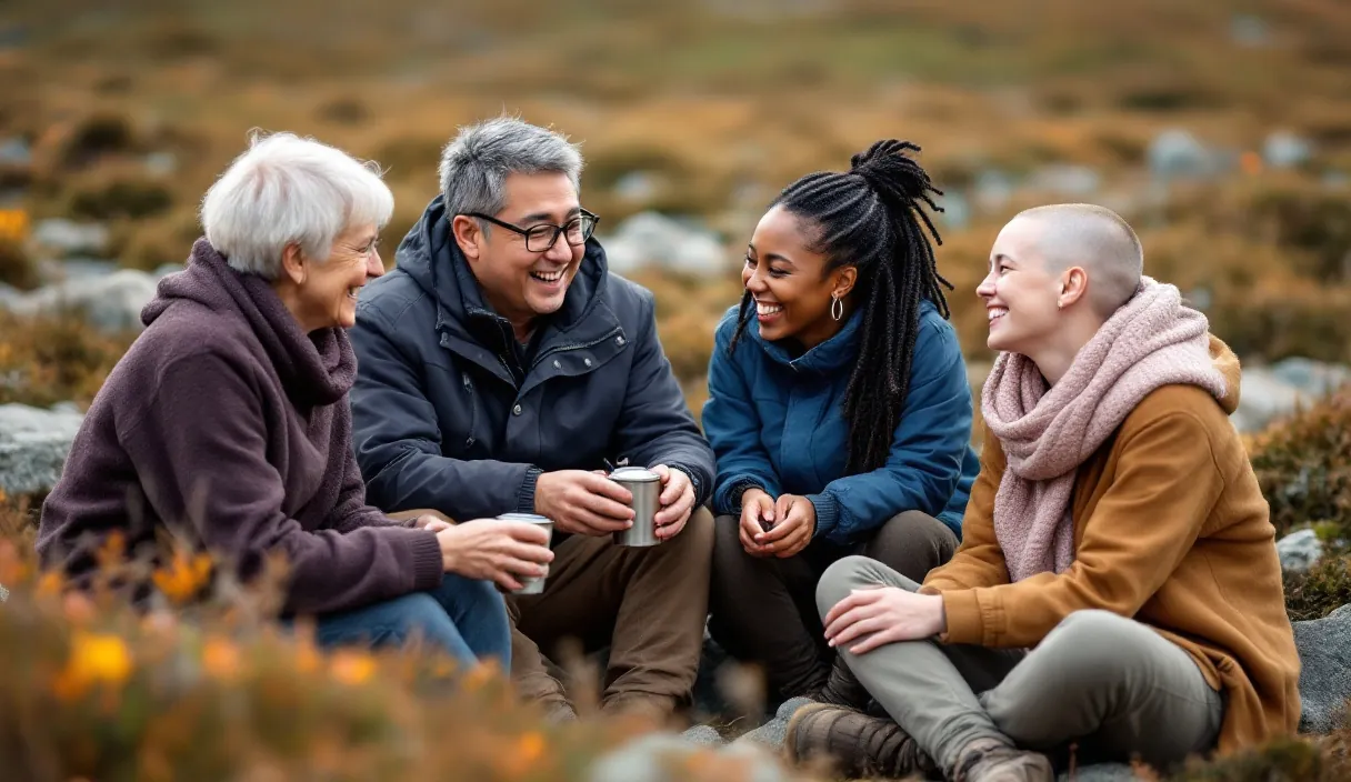 Four friends sit outdoors on rocks, laughing over hot drinks on a crisp autumn day