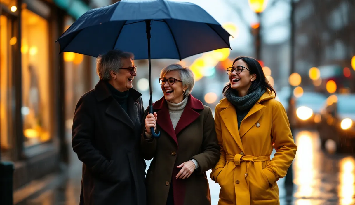 Three friends share one umbrella, laughing together on a rainy evening street