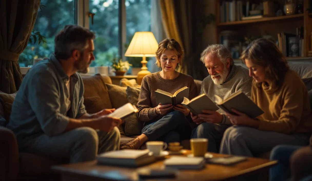 Four people sit together reading books in a cosy, lamp-lit living room