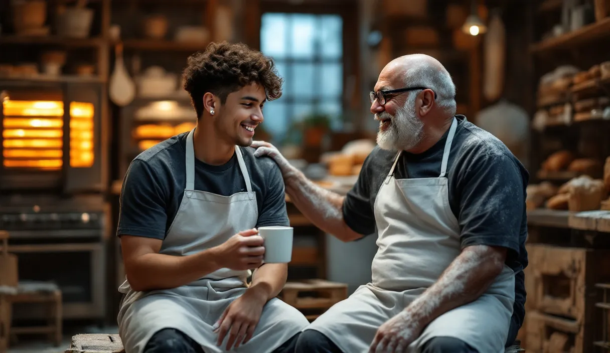 Two bakers share a laugh over coffee, aprons dusted with flour, in a warm bakery