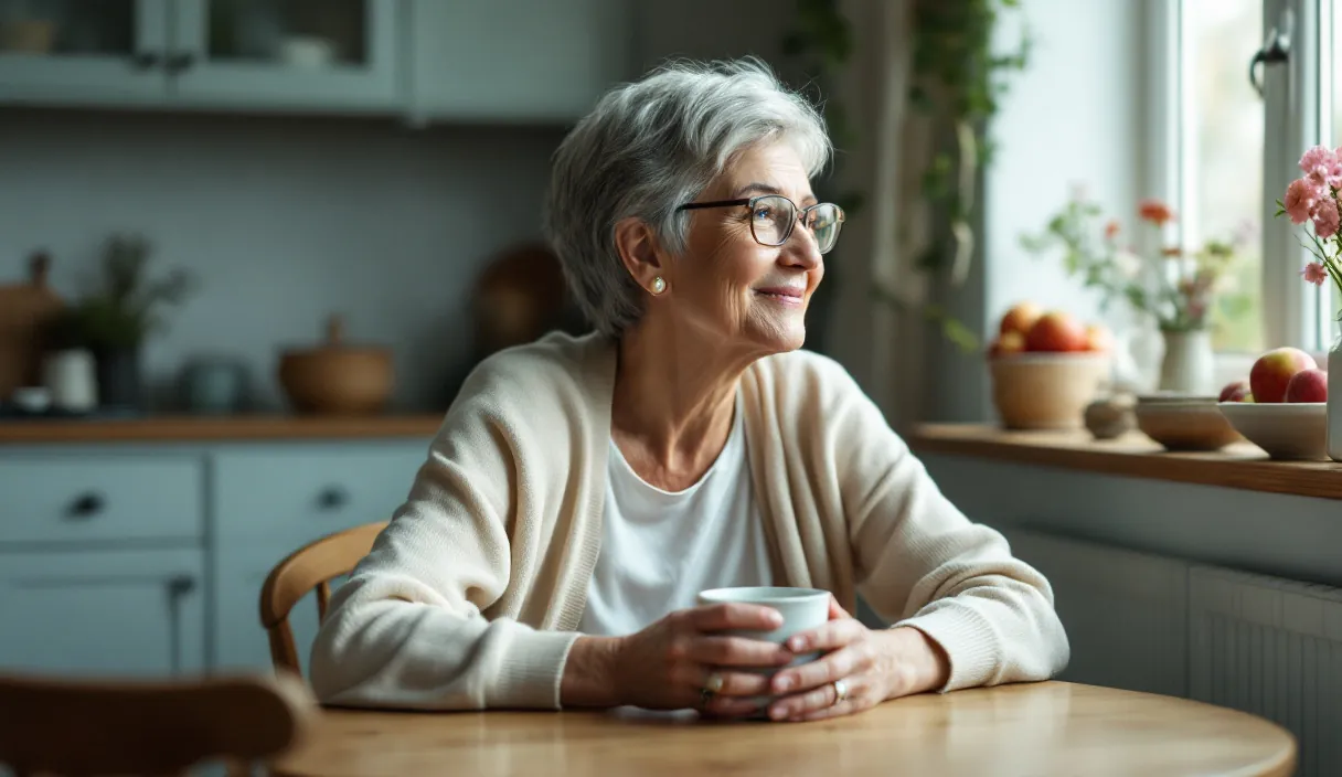 Une personne assise à une table de cuisine ensoleillée tient une tasse et sourit en regardant par la fenêtre