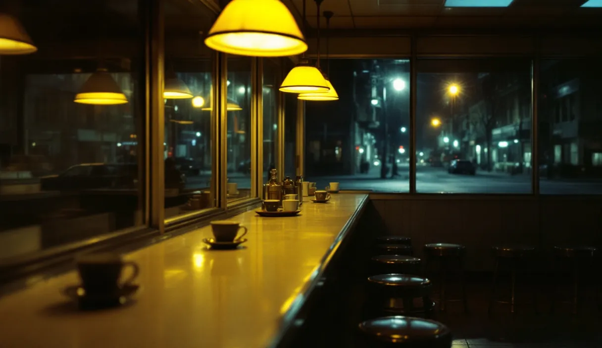 An empty all-night diner counter at night, cups left behind under warm hanging lamps