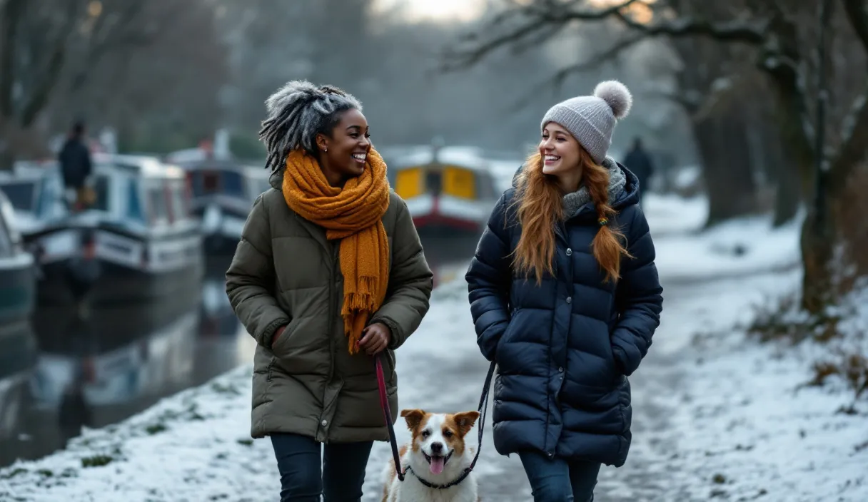 Two friends walk a dog along a snowy canal path, laughing beside moored narrowboats