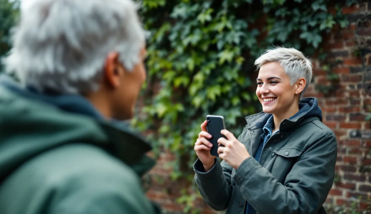 A person photographs a friend outdoors with a phone, against an ivy-covered brick wall