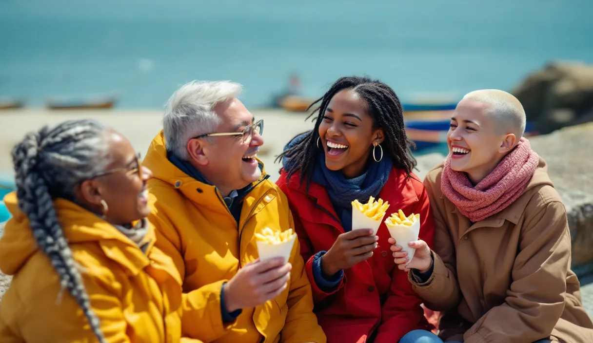 Four friends sit on a seaside wall sharing chips from paper cones, laughing together