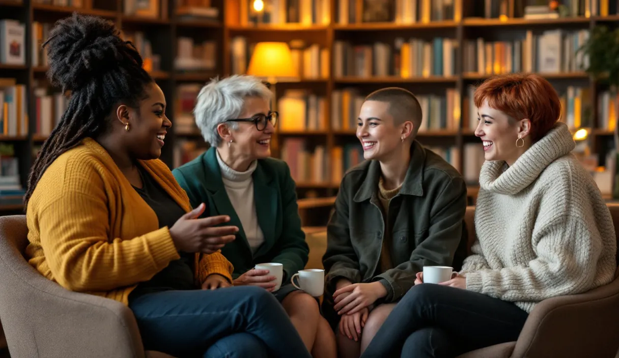 Four friends laugh together over coffee in a cosy library corner
