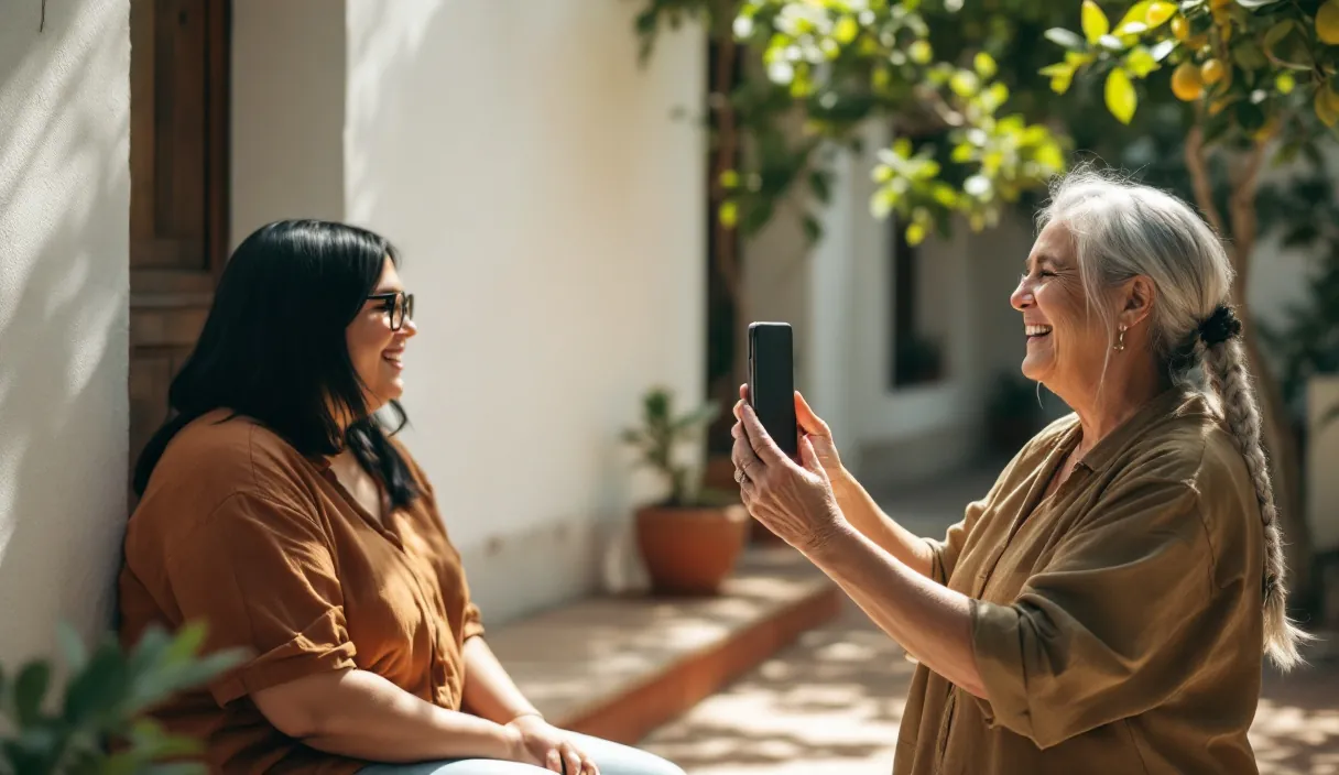 A person photographs a smiling friend with a phone in a sunny courtyard