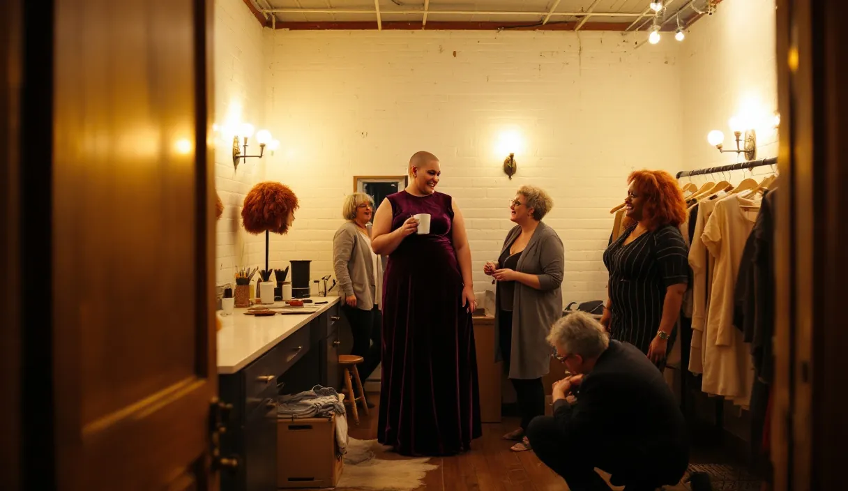 A performer in a velvet gown chats backstage while a photographer crouches to take a photo