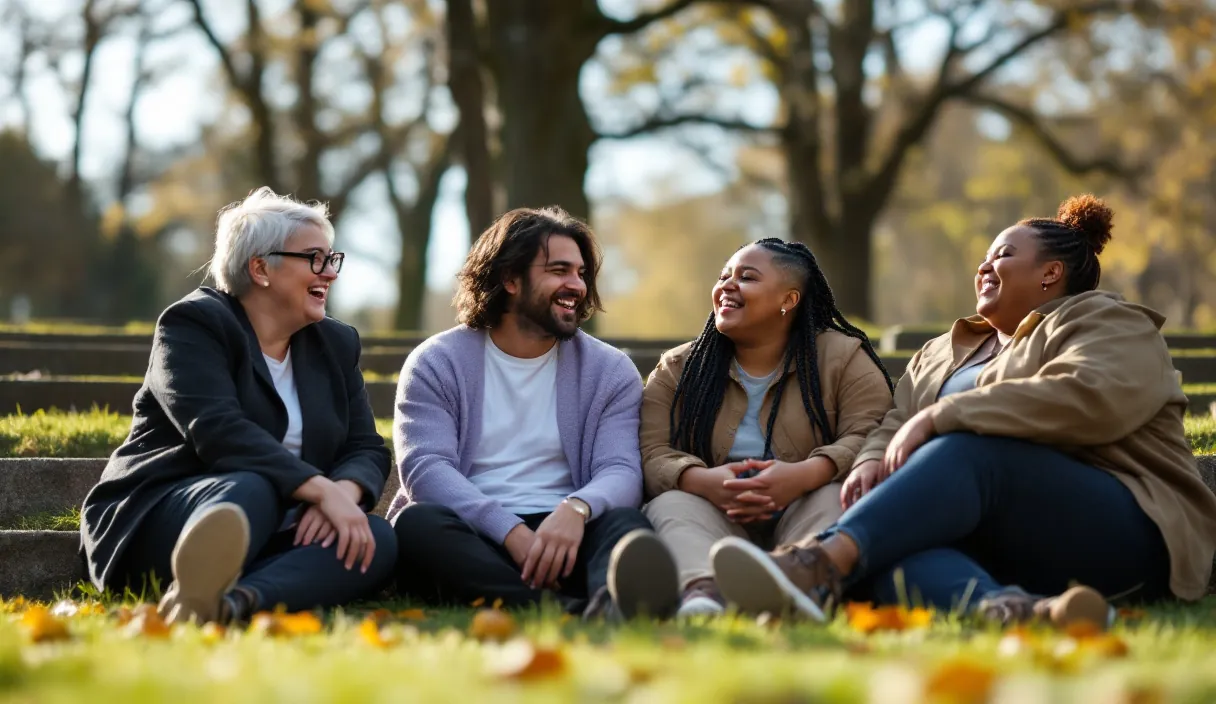 Four friends sit laughing together on stone park steps among fallen autumn leaves