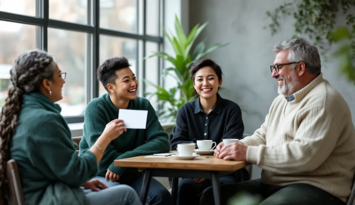 Four friends laugh at a café table as one holds up a blank card