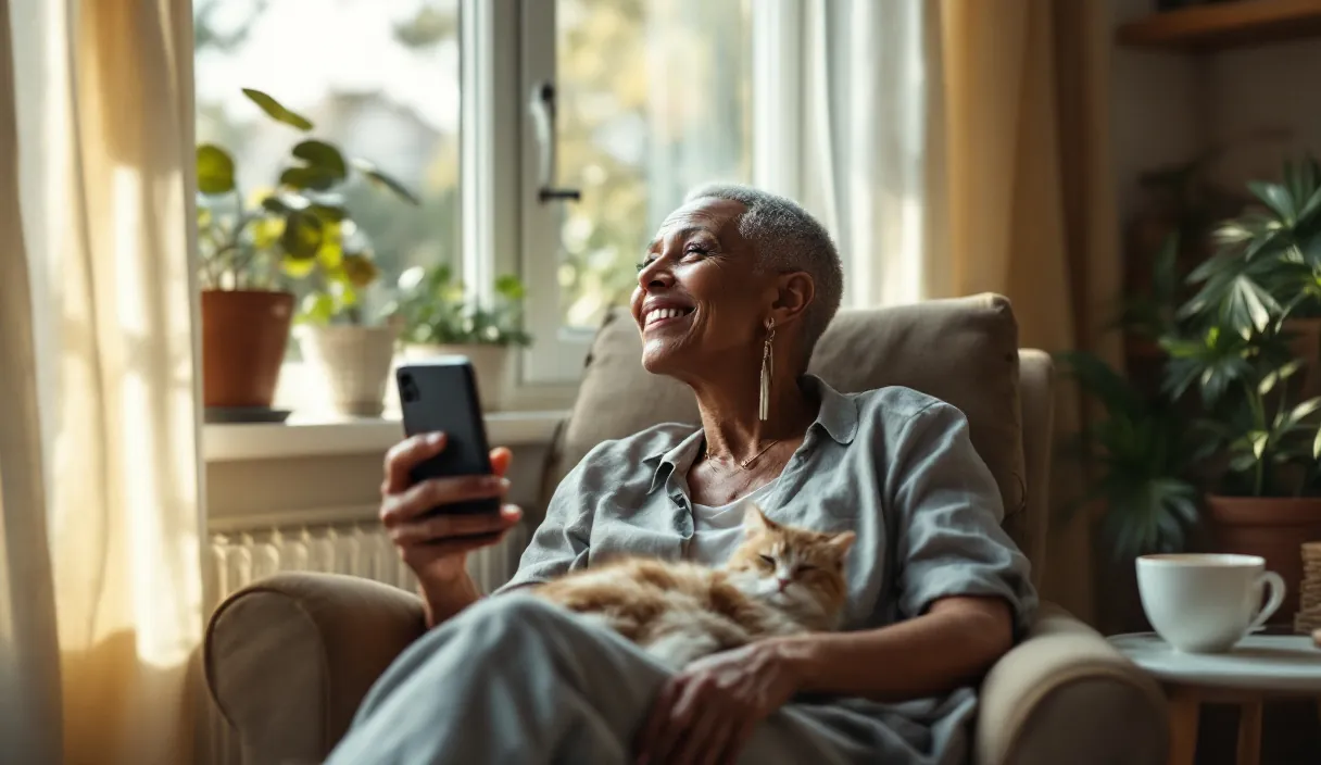 Une personne se détend dans un fauteuil avec un chat endormi sur les genoux, souriant à son téléphone