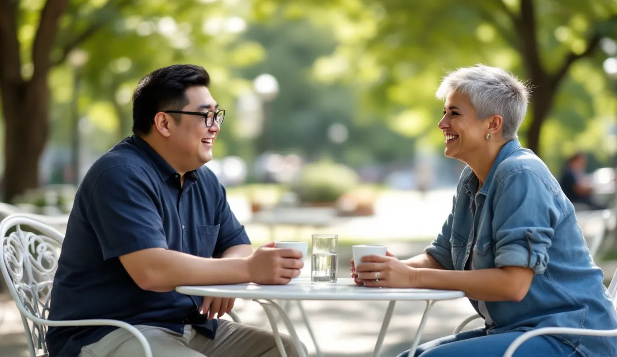 Two people talk and smile over coffee at an outdoor café table