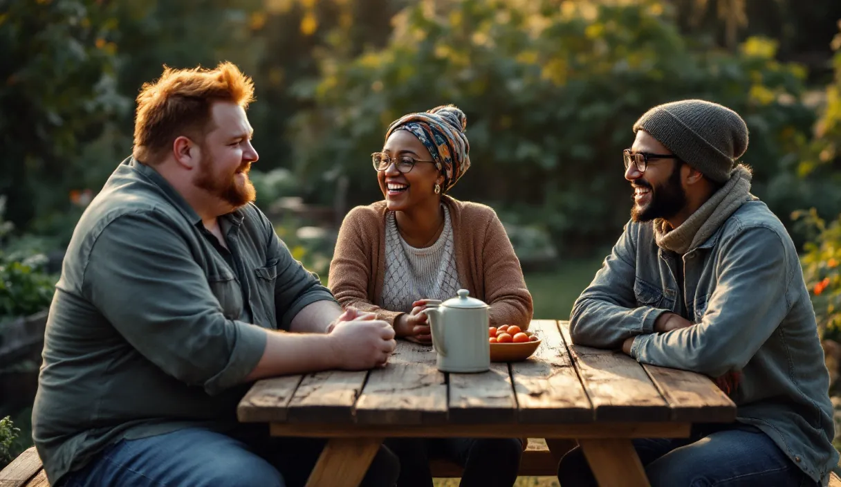 Trois ami·es rient ensemble à une table de pique-nique en bois, autour d'un café et de tomates