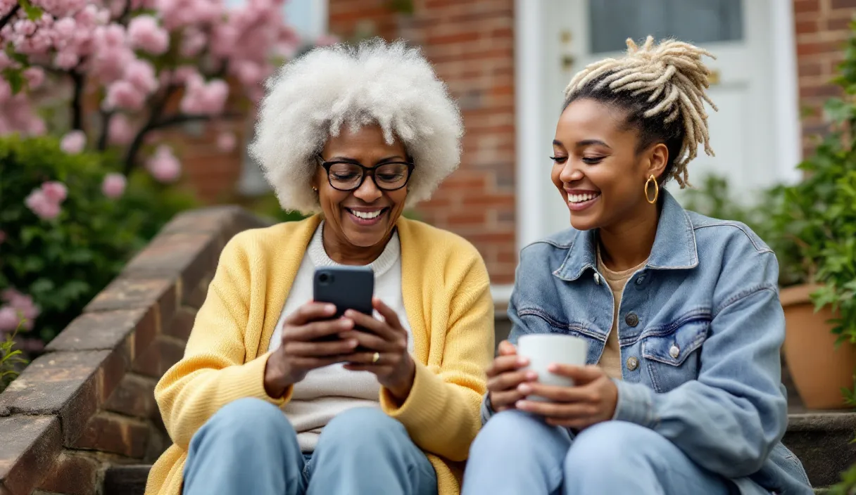 Two friends sit on brick steps under cherry blossoms, one smiling at a phone