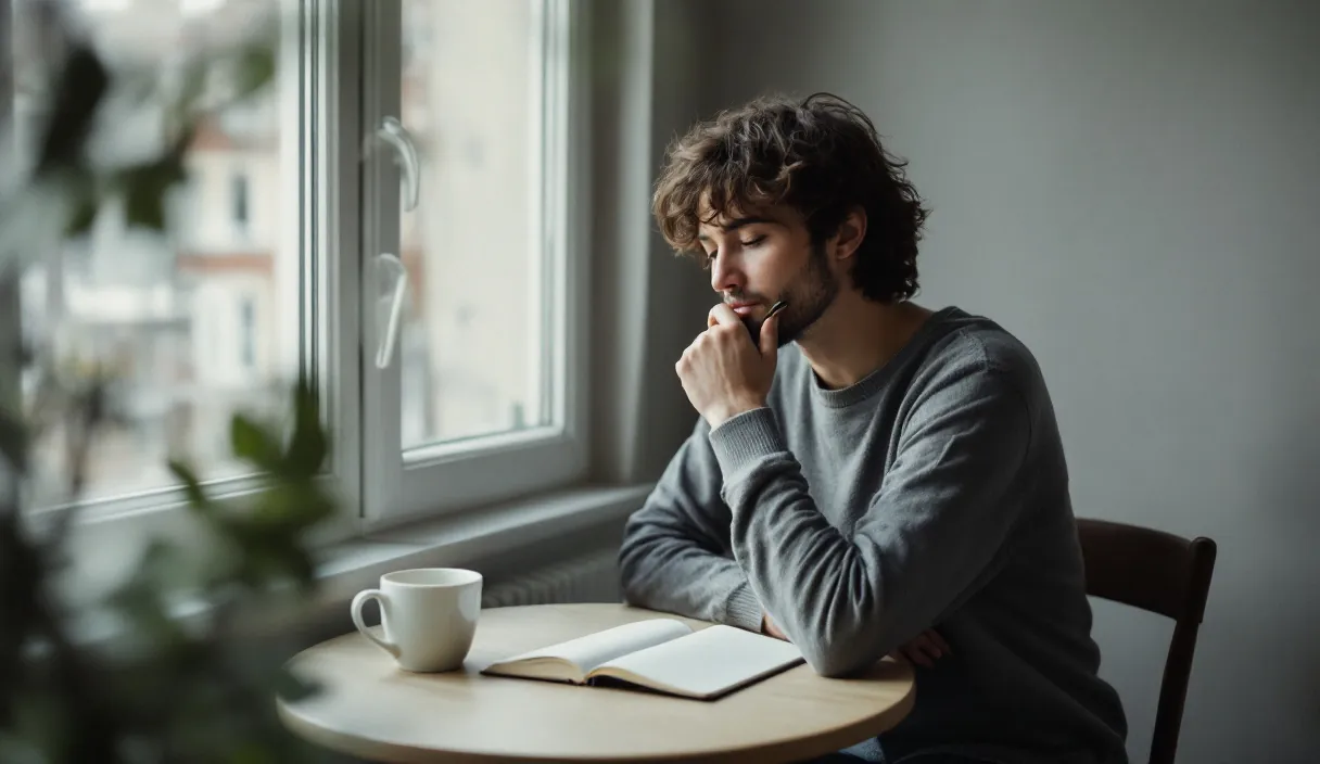 A person sits thoughtfully at a small table by a window, pen in hand over an open notebook