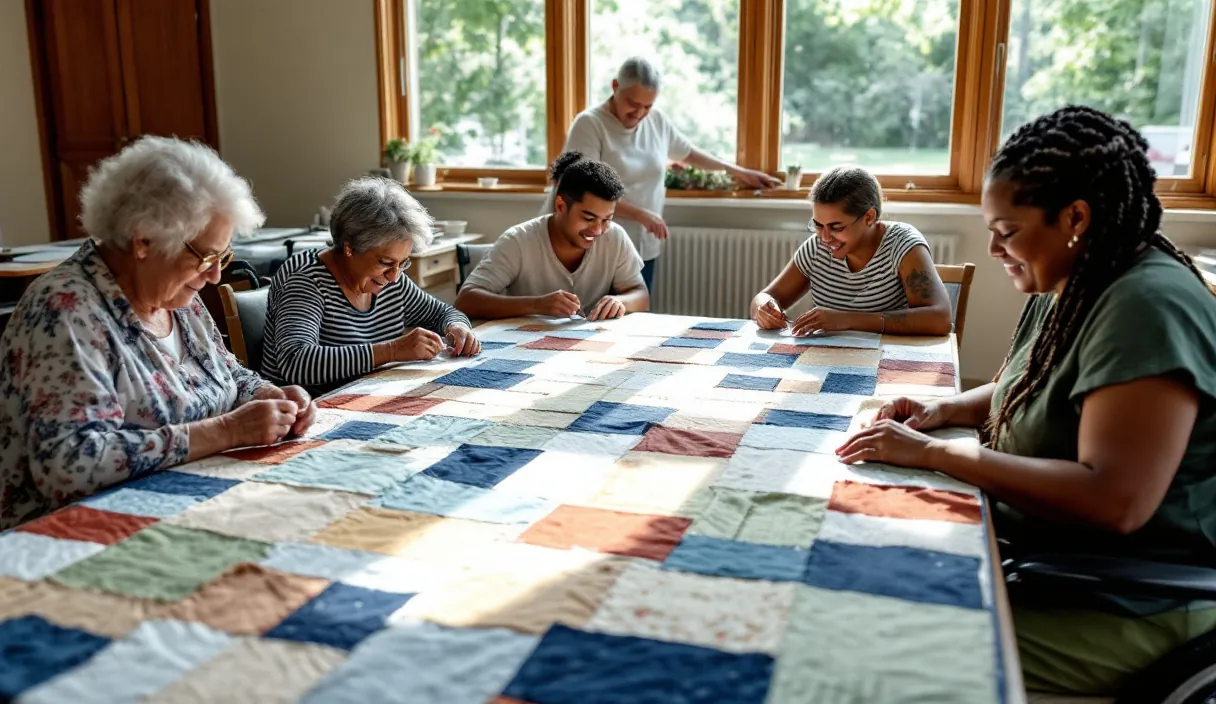 Six people of different ages sew a colorful patchwork quilt together at a sunny table