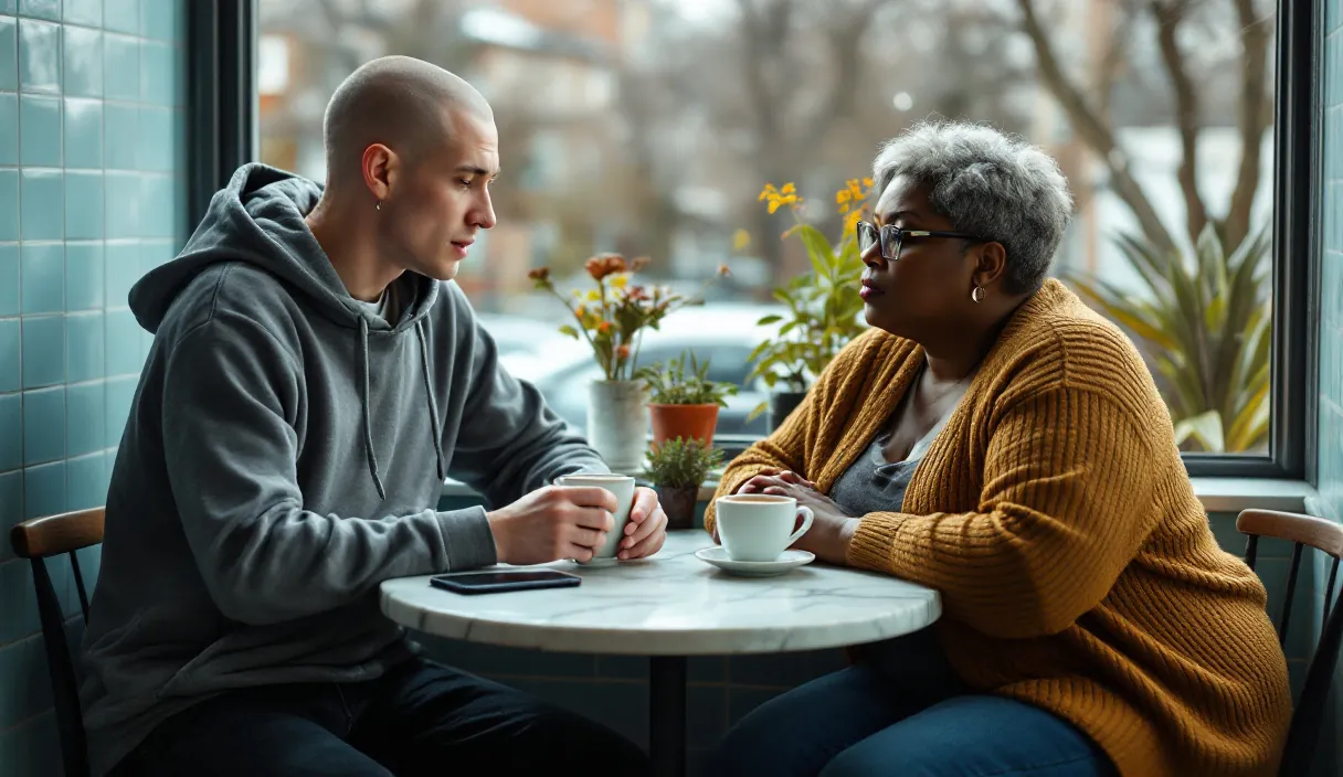 A person leans in for an intense conversation with a friend at a café table