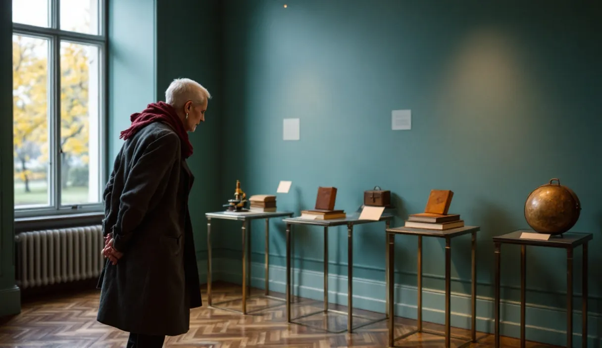 A visitor examines a museum case of antique books and scientific instruments