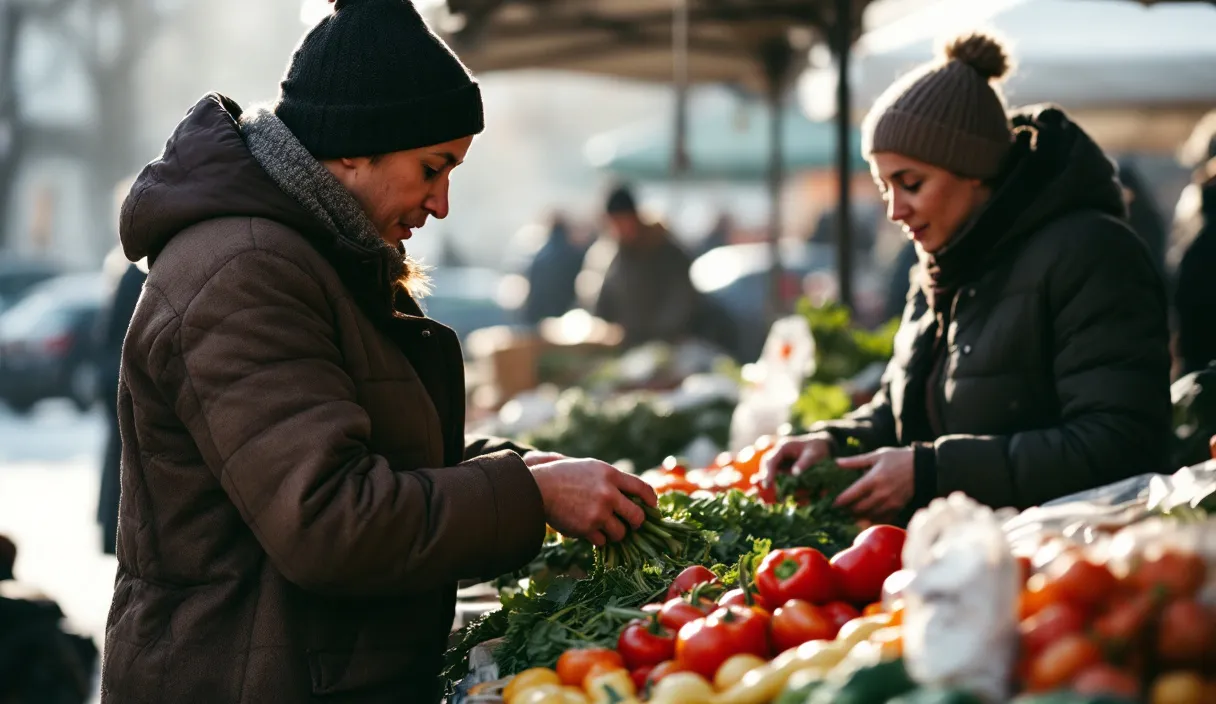 Two people browse fresh vegetables at an outdoor market stall on a cold morning