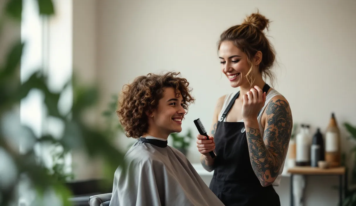 A hairdresser trims a smiling client's curly hair in a bright, plant-filled salon