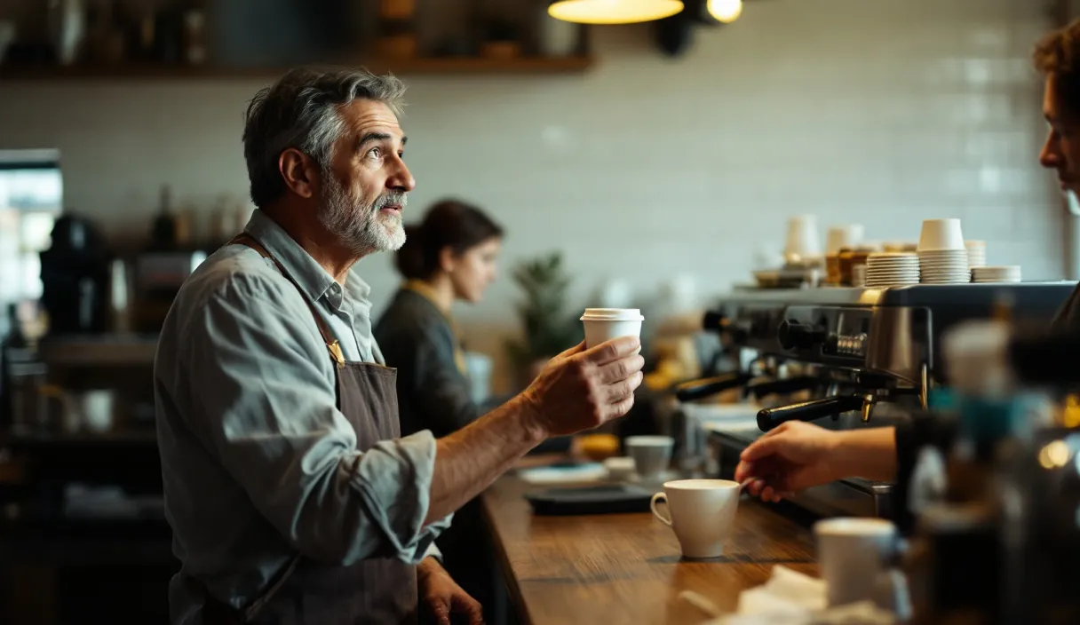 A barista hands a coffee cup across a counter to a customer in a busy café