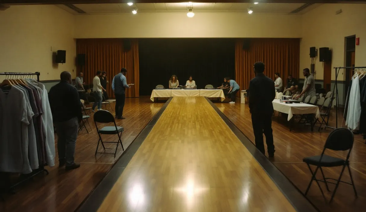 An empty community hall set up for an event, with a runway aisle and a judges' table