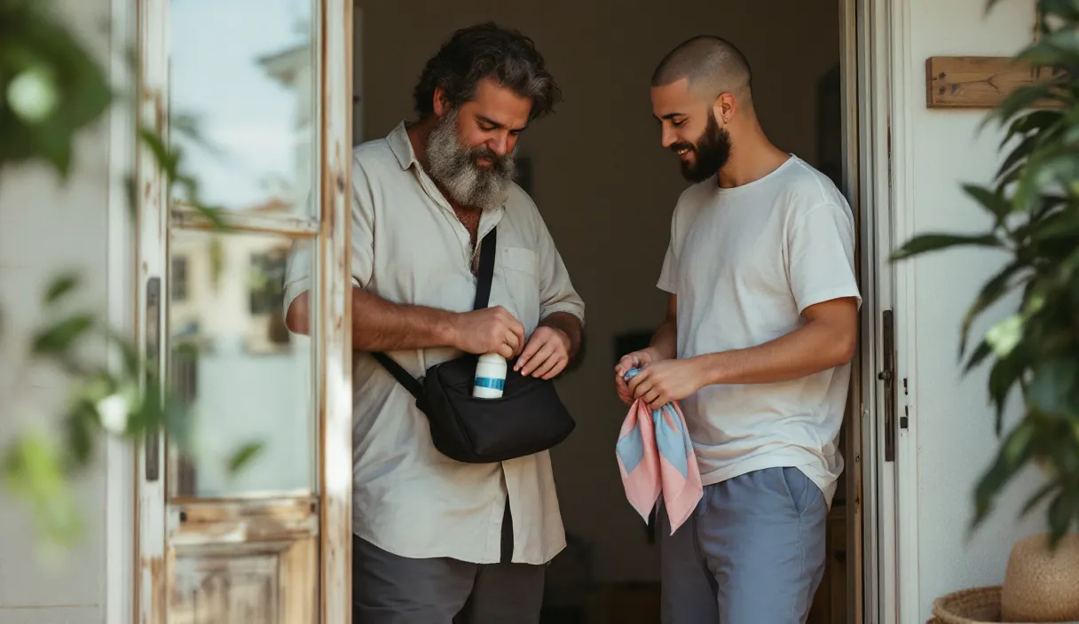 Two friends get ready in a doorway, one holding a folded scarf, the other packing a bag