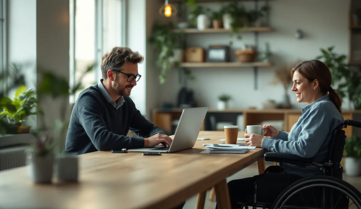 A person works on a laptop while a friend in a wheelchair holds a coffee cup nearby