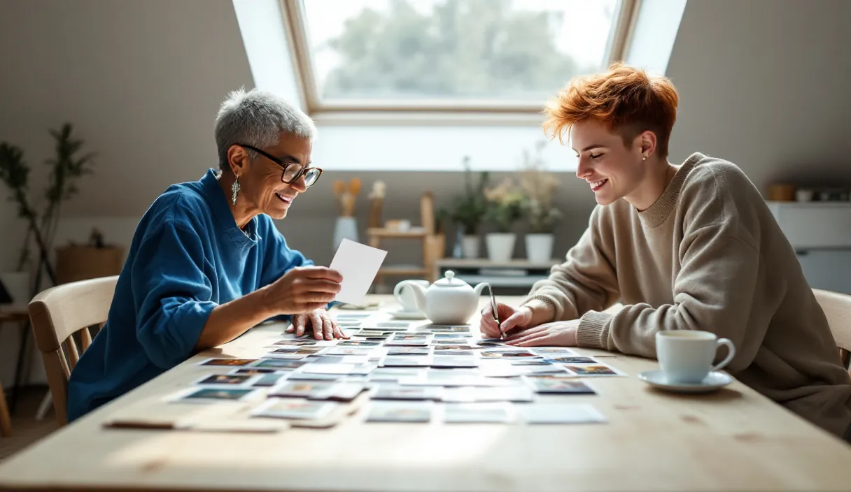 Two people sort through printed photographs spread across a sunlit table