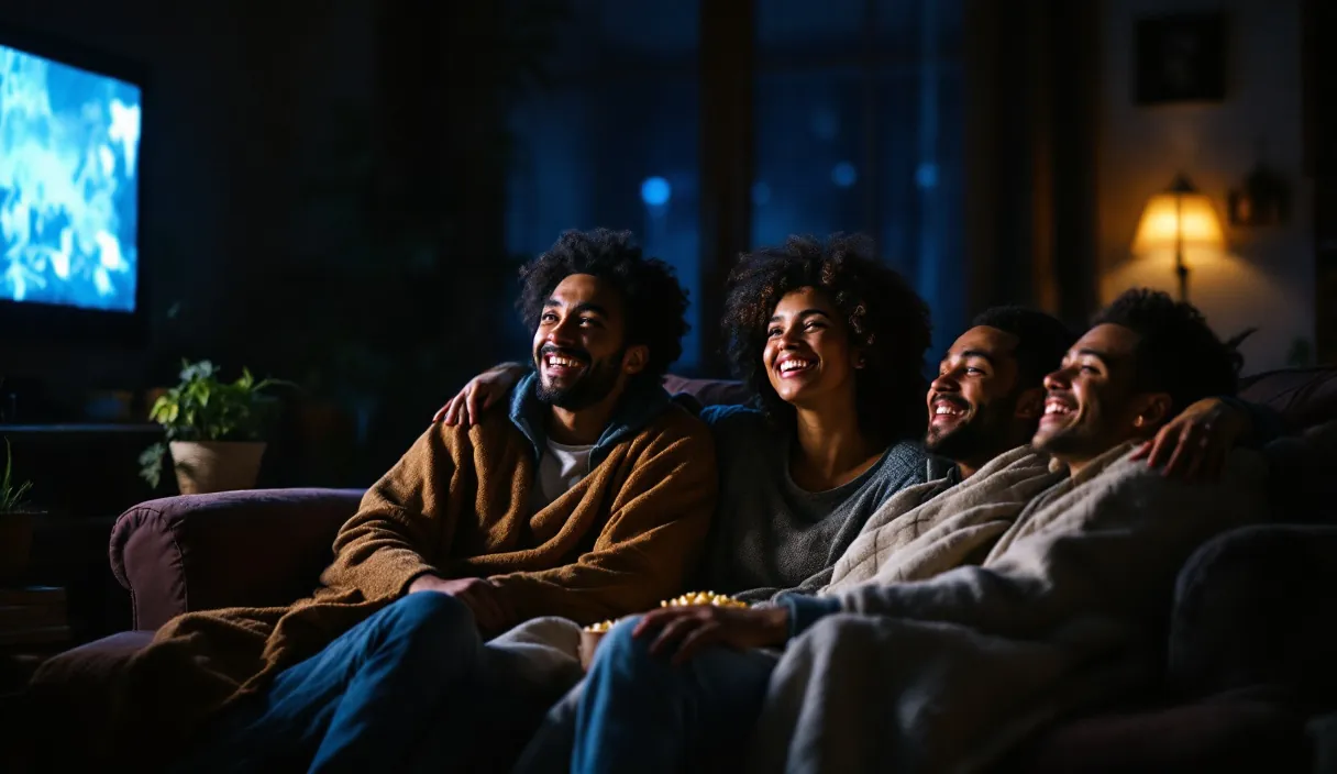 Four friends laugh together on a sofa watching television at night with popcorn
