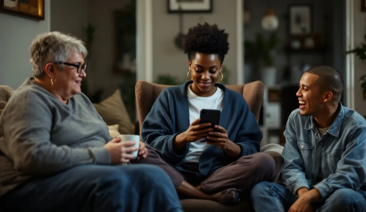 A person smiles at their phone while sitting on a sofa with two friends