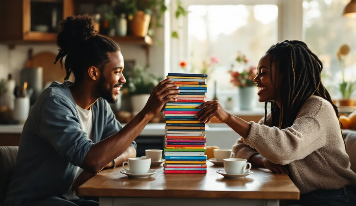 Two friends laugh while building a tall stack of colorful books at a kitchen table