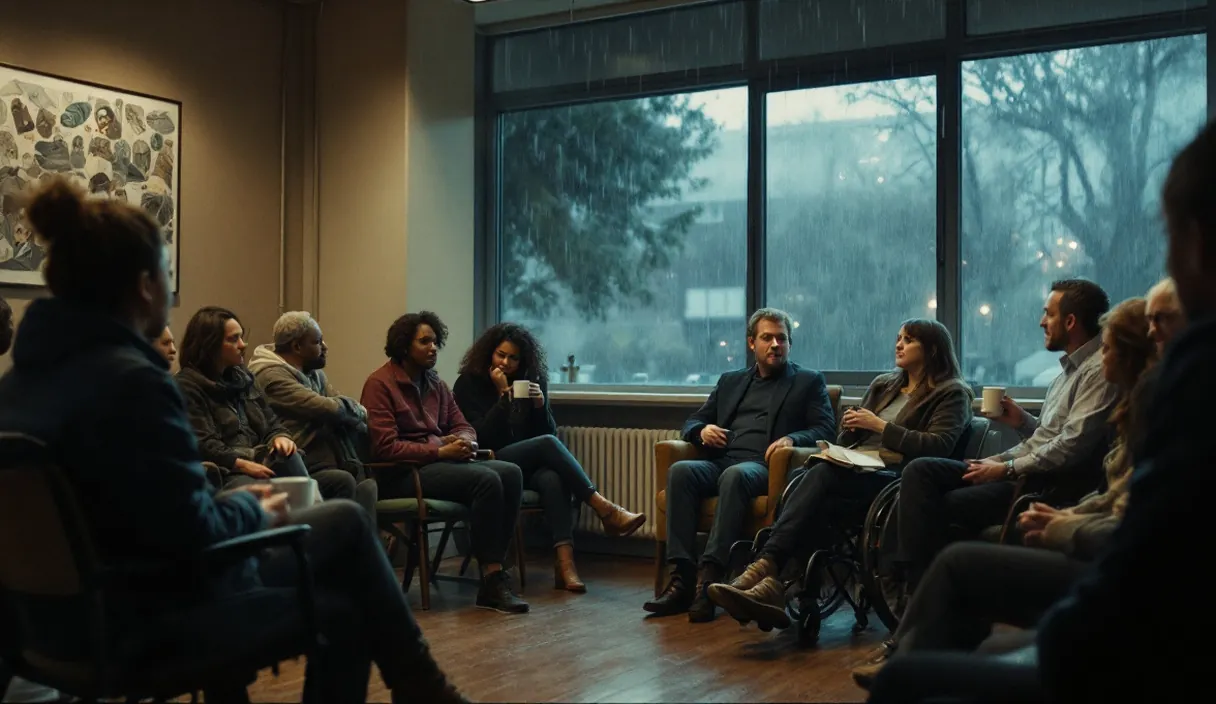 A support group sits in a circle by a rainy window, talking over cups of coffee