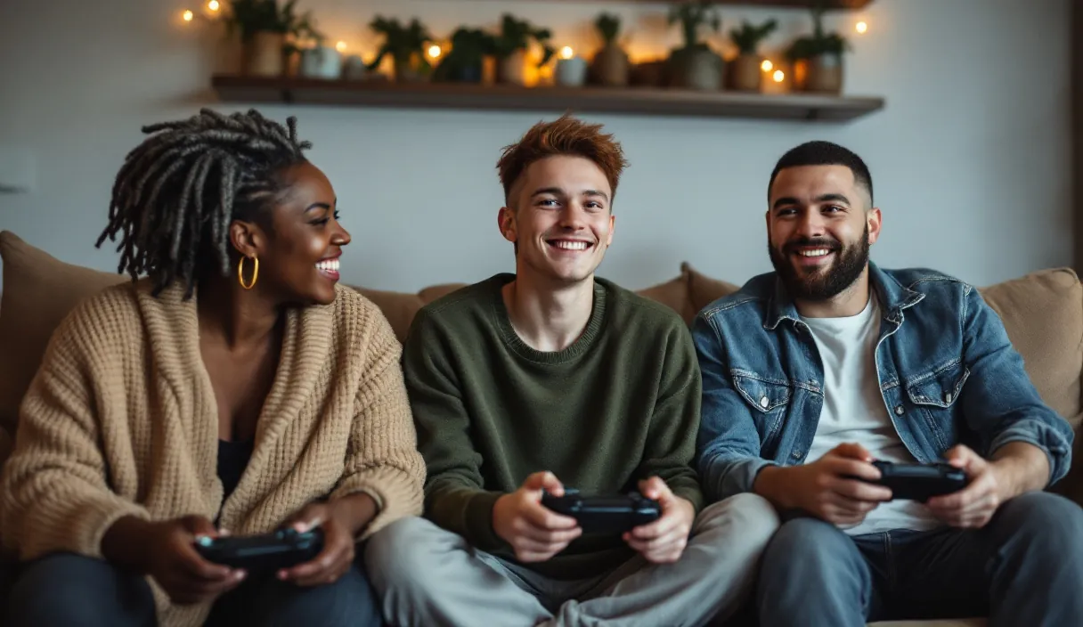 Trois ami·es jouent ensemble à des jeux vidéo sur un canapé sous une guirlande lumineuse chaleureuse