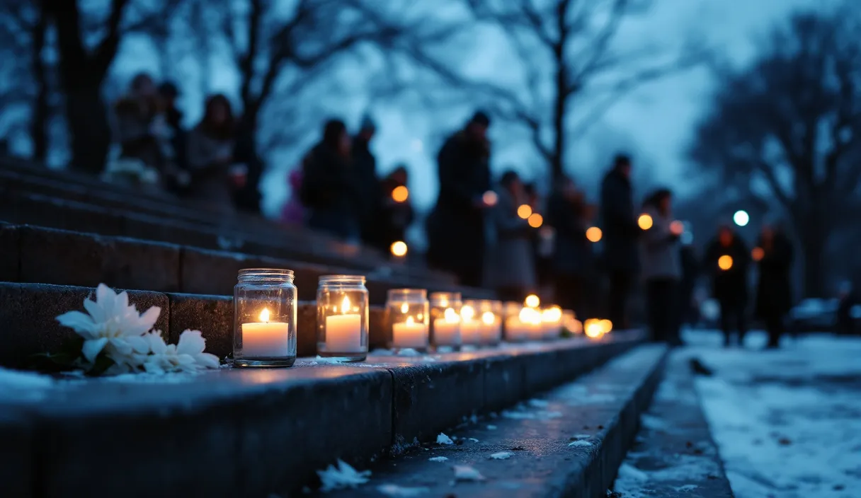 Rows of lit candles stand on outdoor steps at dusk as people gather quietly nearby