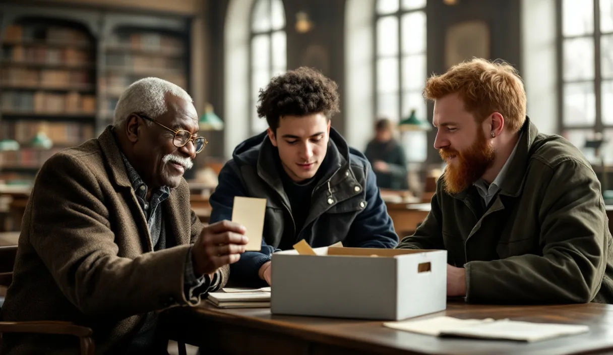 Two young people and an older man look through an archive box of old photographs
