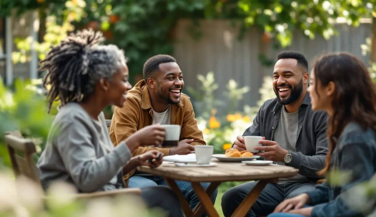 Four friends laugh together around an outdoor table with coffee and pastries