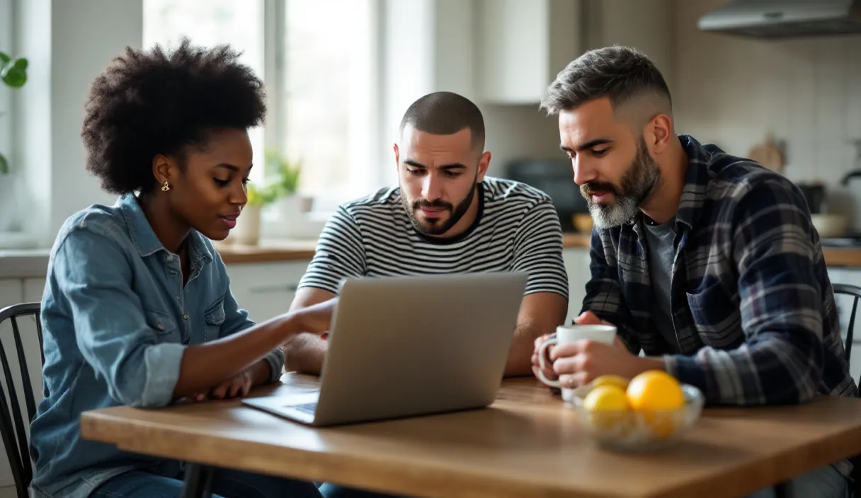 Three friends look at a laptop together around a kitchen table