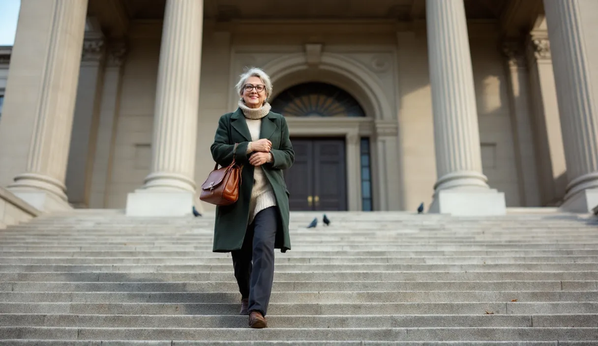 A person walks confidently down the steps of a grand columned building