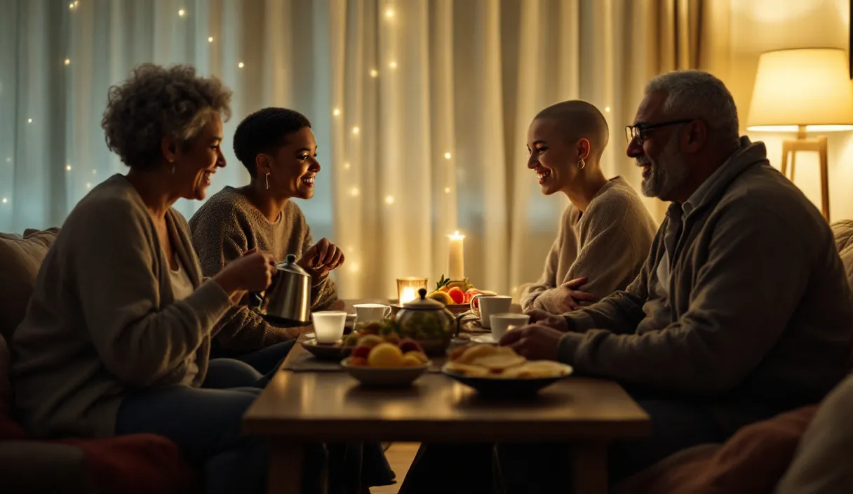 Four people gather around a low table with tea and fruit under warm string lights