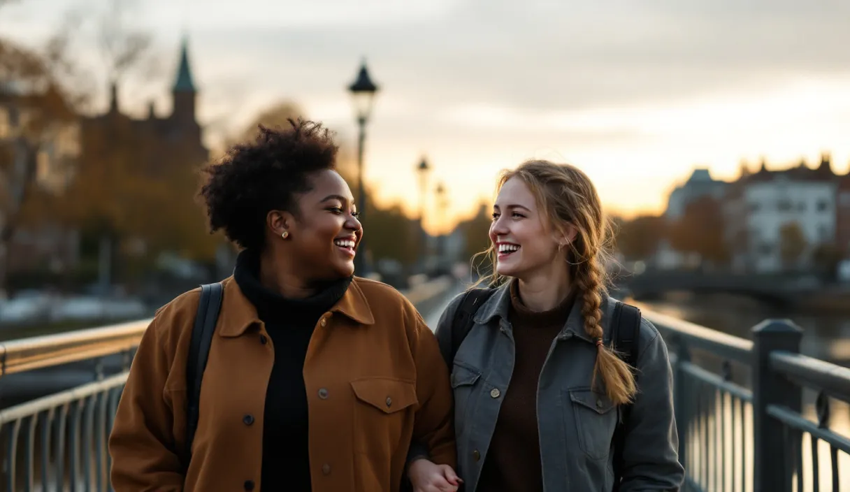 Two friends walk together laughing on a bridge at sunset, city skyline behind them